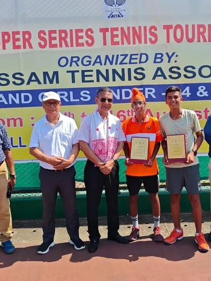 The official prize ceremony photo with tournament officials for Gurrshan and Arsh's doubles victory at the AITA Super Series.