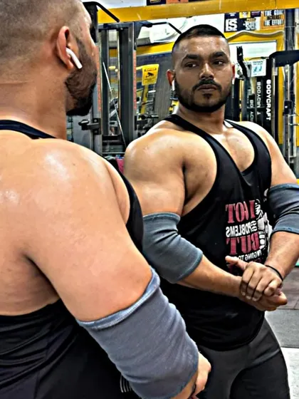 Another angle of a side pose, checking the arm and shoulder muscles. Consistent self-assessment is part of the bodybuilding journey.