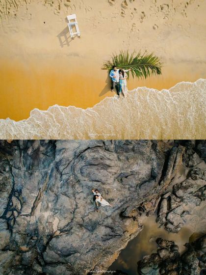 A collage featuring two stunning aerial views of couples at the beach. The top view captures them on golden sand, while the bottom shows them on dramatic coastal rocks.