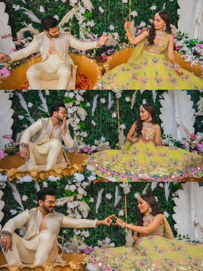 A collage of the couple sharing playful and romantic moments against a lush floral backdrop during their Haldi event.