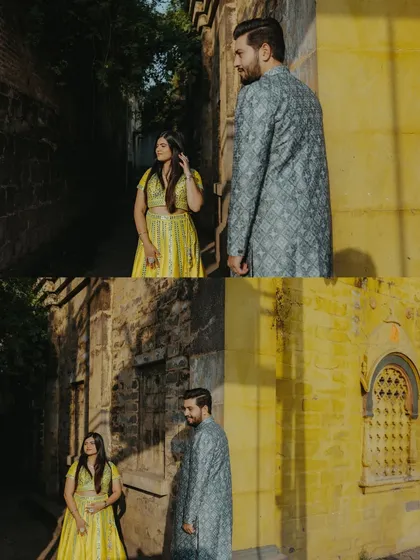 A diptych capturing candid, in-between moments of the couple in a rustic alleyway.