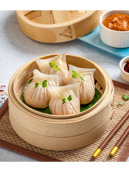 Translucent prawn har gow dumplings from Moets Oh! Bao.