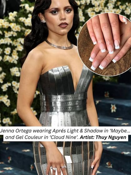 A classic French manicure with a modern, squared-off shape, inspired by Jenna Ortega's Met Gala style. It's a timeless look that is always polished and clean.