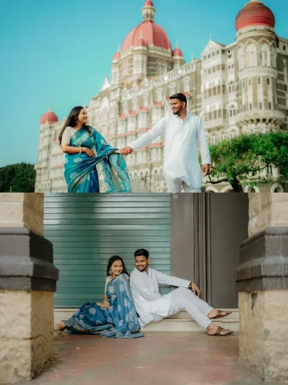 A collage showcasing a couple in traditional wear at two iconic Mumbai locations. It features them in front of the Taj Mahal Palace Hotel and in a relaxed pose on nearby steps.