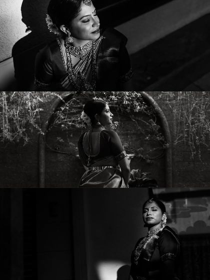 A moody and artistic black and white collage of bridal portraits. The use of shadow and light creates a series of dramatic and emotional images.