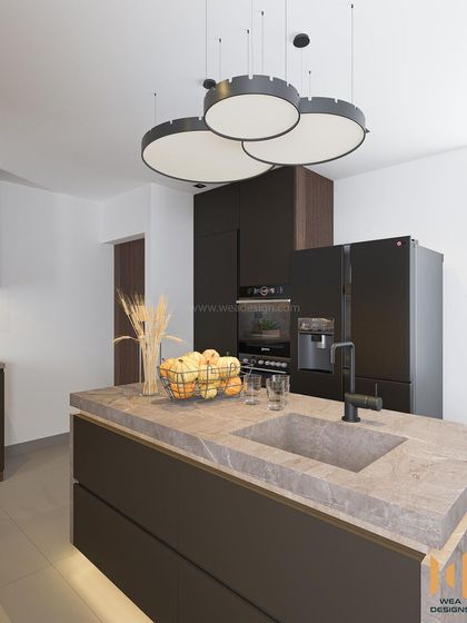 Another render of the Purva Smiling Willows kitchen, showing the island with an integrated sink and modern circular pendant lights.