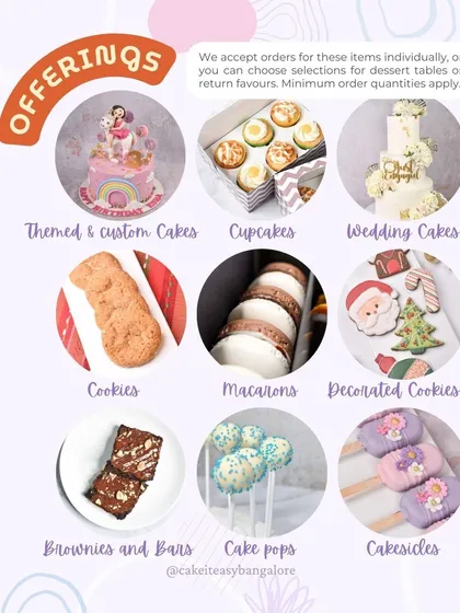 A visual menu of my main offerings, from themed cakes and cupcakes to cookies and brownies.