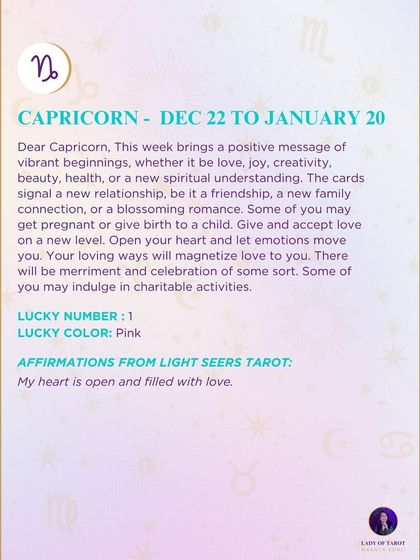 A weekly forecast for Capricorn heralding a positive message of vibrant beginnings. This reading signals a time for new relationships, new friendships, or a blossoming romance.