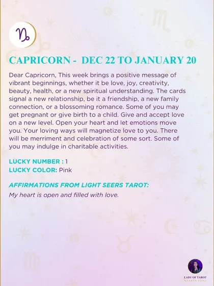 This week's tarot guidance for Capricorn. The reading brings a positive message of vibrant beginnings, whether it be in love, joy, creativity, or a new spiritual understanding.