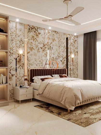 A wide shot of the bedroom, showcasing the built-in backlit shelving unit, a cozy reading chair, and large windows for natural light.