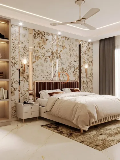 This luxurious master bedroom features a floral wallpaper, a rich mocha-brown velvet headboard, and a spacious layout with a dedicated seating area.
