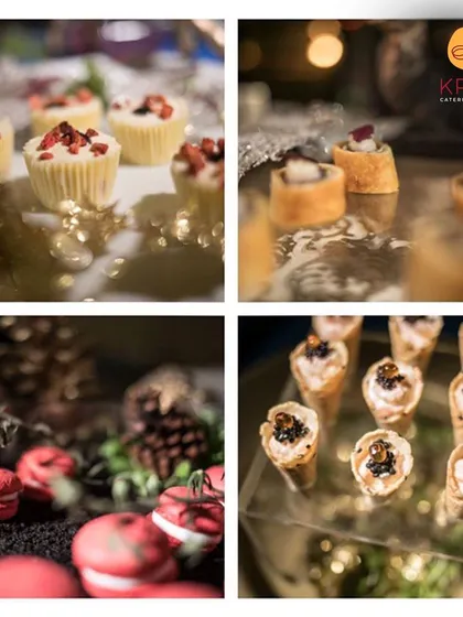 A collage showcasing the variety in our dessert offerings. From delicate white chocolate cups and macarons to savory cones with cream cheese and caviar, we craft sweet and savory bites to end your event on a high note.