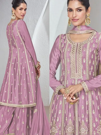 I love this onion pink Chinon silk palazzo suit for its soft, feminine vibe. The heavy thread and sequin work on the top makes it a standout piece for any festive occasion.
