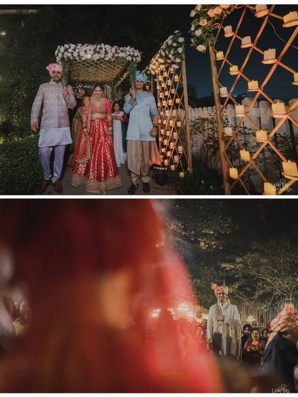 A collage of the bride's grand entrance, showcasing the beautiful decor and the anticipation of the ceremony.