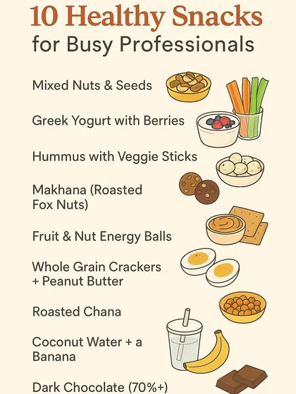 For busy professionals, having healthy snacks on hand is key. This list includes some of my top recommendations, like mixed nuts, Greek yogurt with berries, and roasted makhana. These options are far better than reaching for processed snacks.