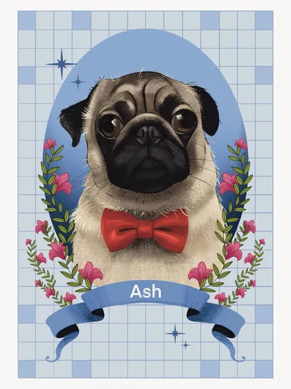A dapper pug named Ash, captured in a digital portrait. I gave him a smart red bow tie and a cool blue background to create a fun, characterful illustration that makes for a unique and personal piece of art.