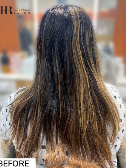 Here is the "before" for the previous transformation. You can see the uneven color and lack of dimension that we corrected with a custom balayage service.