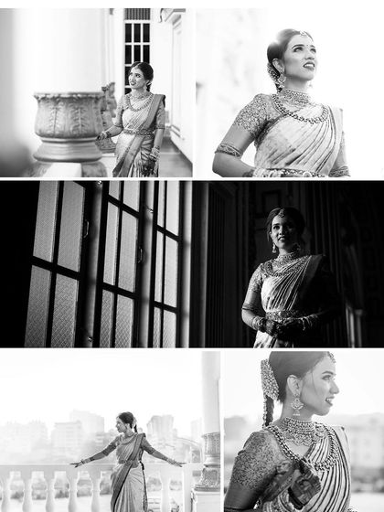 A collection of elegant black and white bridal portraits. These timeless shots highlight the bride's grace and the beautiful architecture of the venue.