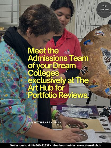 An admissions officer provides a one-on-one portfolio review for one of my students. These exclusive meetings at The Art Hub are a key benefit of my program, offering personalized feedback.