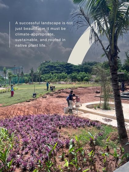 A photo of a large-scale planting project in progress, with text explaining that a successful landscape must be climate-appropriate and sustainable. This highlights the ecological principles behind my work.