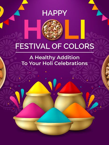 This image captures the vibrant spirit of Holi. Adding my healthy dry fruits to your celebration is a great way to balance the festive indulgence.