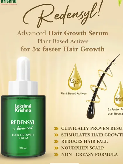 This graphic highlights the key benefits of our Redensyl Advanced Hair Growth Serum. It shows how the plant-based actives deliver clinically proven results, stimulating hair growth, reducing hair fall, and nourishing the scalp with a non-greasy formula.