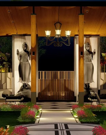 Art is integral to my landscape design. For this property on the Meerut Highway, I designed a double-height pavilion featuring two 16-foot sculptures that serve as the focal point, blending architectural grandeur with artistic expression.