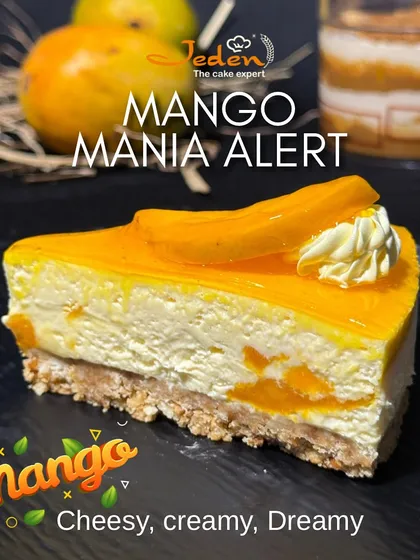 A slice of our Mango Cheesecake, showcasing its cheesy, creamy, and dreamy texture. Made with a crunchy base and topped with fresh mango, it's a perfect example of our commitment to flavor and quality.
