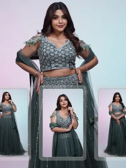 This collage shows off our dark green lehenga from multiple perspectives, highlighting the feathered shoulders and the beautiful fall of the skirt.