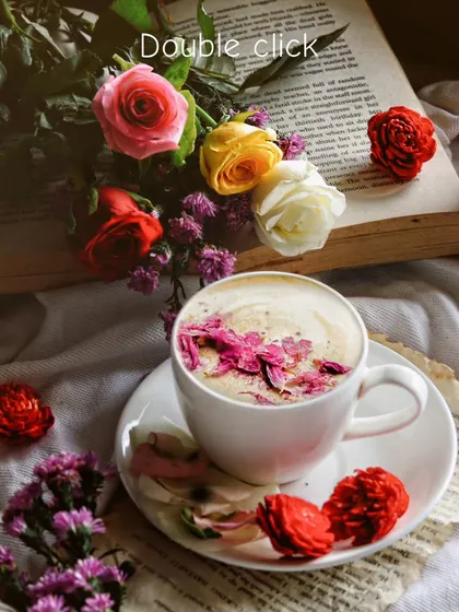 A bright and beautiful flat lay of a cup of coffee topped with flower petals, surrounded by fresh roses and an open book.