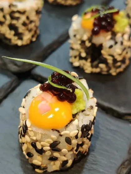 A creative sushi appetizer served at a corporate office lunch. We believe even office catering should be exciting and feature gourmet touches.