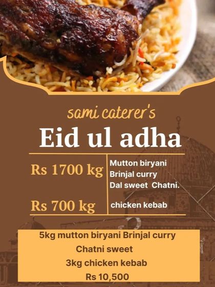 My Eid ul Adha menu, showing prices for Mutton Biryani and Chicken Kebab by the kilo, as well as a larger 5kg combo package.