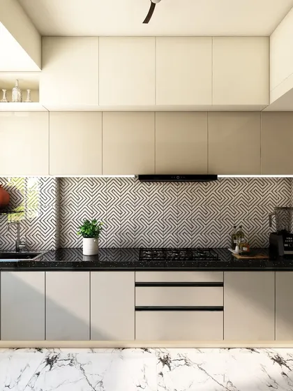 The other side of the kitchen, showing handleless cabinets for a clean look and a patterned backsplash that adds visual interest.