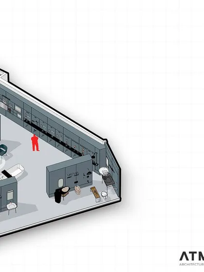 Another detailed section of the plan, this drawing helps visualize the scale and relationship between the display walls and the open floor space.