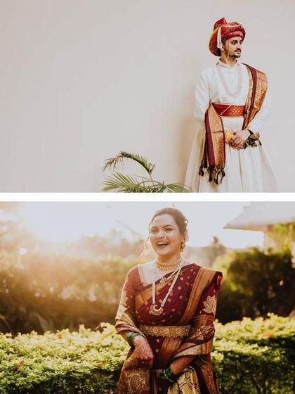 A diptych of individual portraits of the bride and groom, bathed in beautiful golden sunlight.