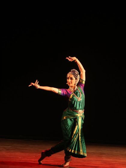 The classic 'tribhangi' or three-bend pose, characteristic of many Indian classical dance forms, seen here in my Kolkata recital.