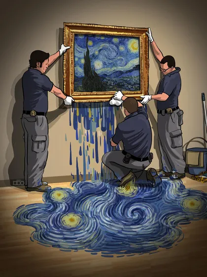 Art is not a static object; it is alive with emotion. In this piece, the iconic "Starry Night" painting weeps its colors onto the gallery floor, a river of blue and gold that the staff tries to clean up. It’s a surreal exploration of the sorrow and deep feeling embedded within a masterpiece.