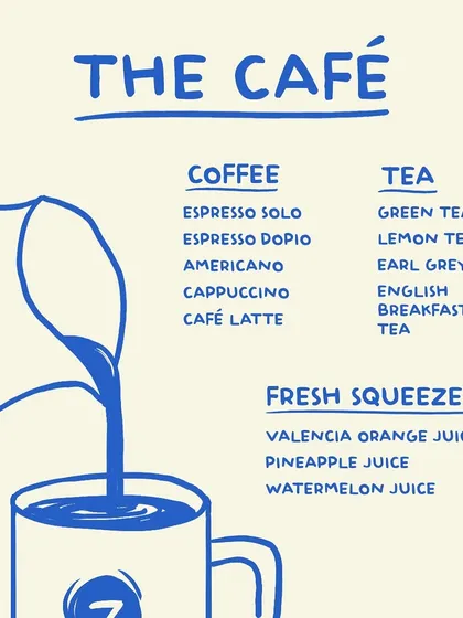 An illustration of my café's beverage menu, featuring a range of coffees, teas, and fresh juices to quench any thirst.