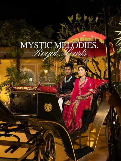 The couple makes a royal entry in a horse-drawn carriage for their Sangeet night at Chomu Palace, complete with a personal umbrella holder.