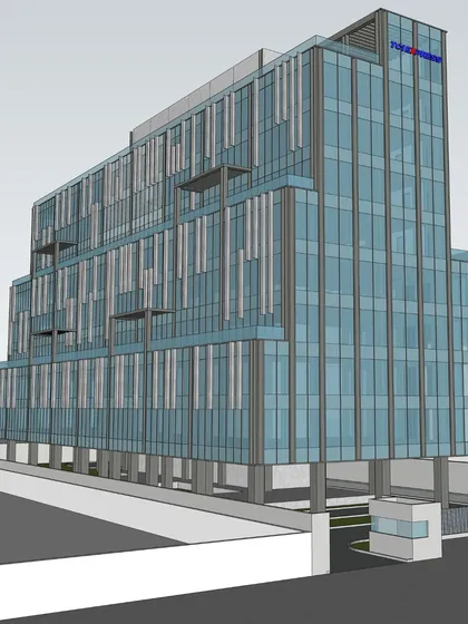 A 3D visualization of the TCI Express World Centre. The facade design incorporates vertical fins and varied glazing patterns, which help control solar gain and contribute to the building's overall energy efficiency.