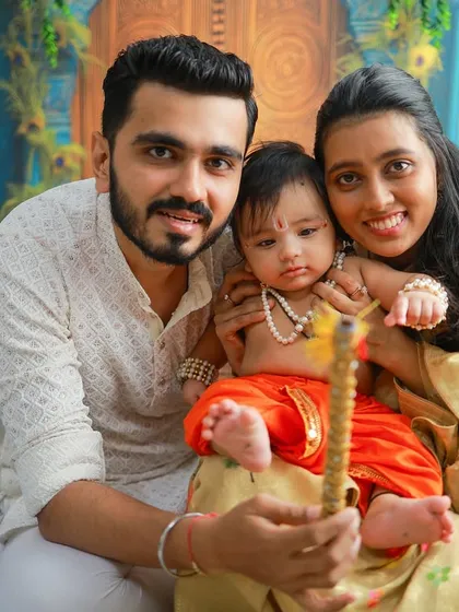 A divine family portrait. Dressing up for the Janmashtami theme isn't just for the kids. I love it when parents join in to create a complete and beautiful festive family photo.