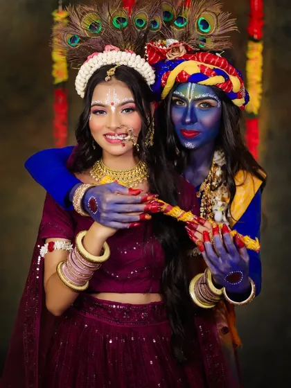 We explore the art of mythological and thematic makeup. This powerful Radha-Krishna look, created by our students, showcases their skill in color theory, character portrayal, and intricate detailing.
