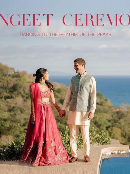 Dancing to the rhythm of the peaks. This shot from their Sangeet in Costa Rica showcases the beautiful coordination between her fuchsia lehenga and his pastel Nehru jacket.