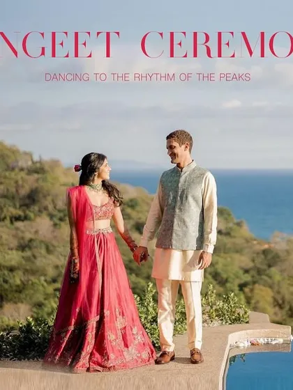 Dancing to the rhythm of the peaks. This shot from their Sangeet in Costa Rica showcases the beautiful coordination between her fuchsia lehenga and his pastel Nehru jacket.