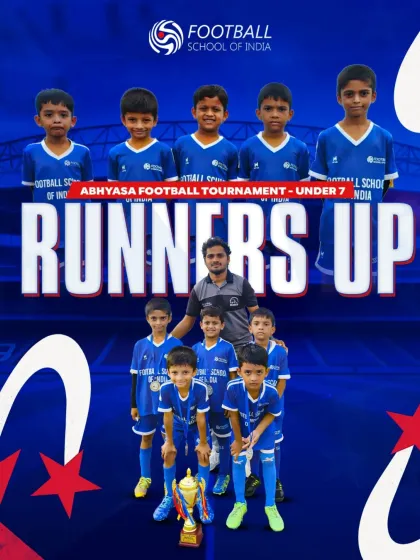 Our youngest champions. The U7 team proudly displays their Runners-Up trophy from the Abhyasa Football Tournament.