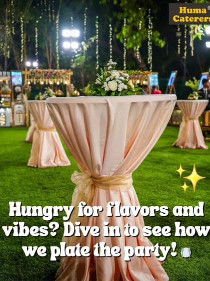 For events where guests can mingle, I arrange stylish high-top tables like these. Draped in soft fabric, they provide a comfortable spot for guests to chat and enjoy their starters.
