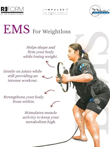 This graphic illustrates how EMS aids in weight loss by shaping and firming the body, providing an intense but joint friendly workout, and stimulating metabolism.