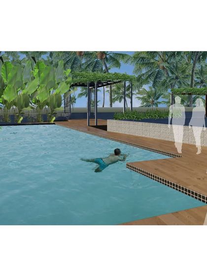 A weekend home within the event venue includes a private swimming pool. This amenity offers a space for guests or visitors to stay over, with the pool area secluded behind the main event deck.