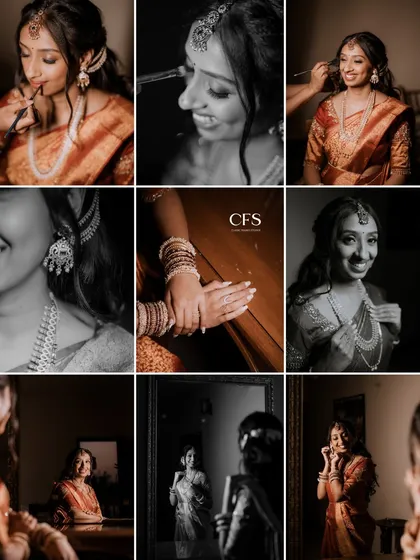 A collage of getting-ready moments, capturing the bride's laughter and joy. These candid shots with her loved ones are a precious part of the wedding story.
