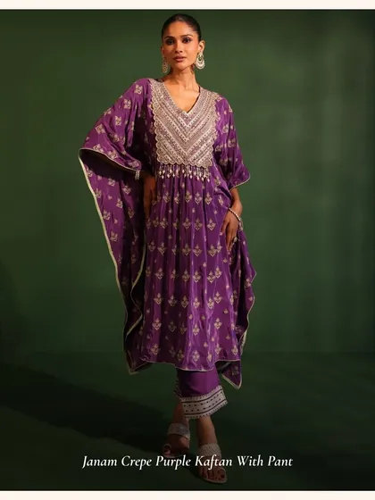 For a modern festive look, my Janam Crepe Purple Kaftan is the perfect choice. It's comfortable, stylish, and the beadwork on the neckline is exquisite.